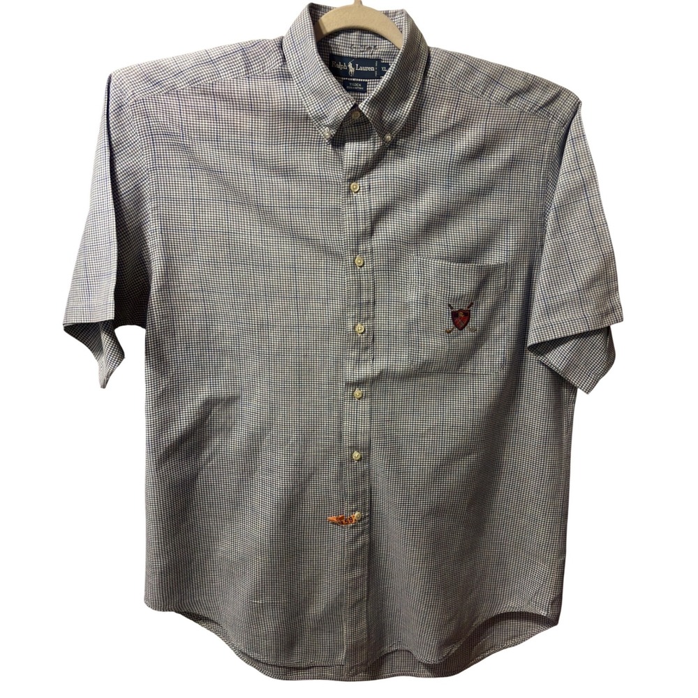 Ralph Lauren Tilden Shirt Mens XL Blue Gingham Excellent Golf Crest Short Sleeve